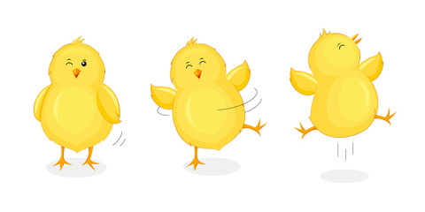 Cute little chicks jumping and dancing. Happy Easter day. Newborn chicks birds, cartoon character design. Illustration isolated on white background.