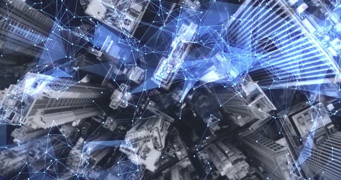 Aerial. Camera moving around buildings. Wireless communication network concept. IoT Internet of Things. ICTInformation Communication Technology.