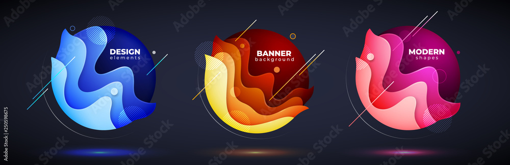 Wall mural set of liquid abstract geometric circle. fluid gradient elements for minimal banner, logo, social po