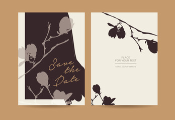 Modern wedding invitation in minimalist style. Silhouette of branches and flowers of magnolia on a dark background.  Сan be used for the shop, beauty salon, spa or restaurant. Vector template.