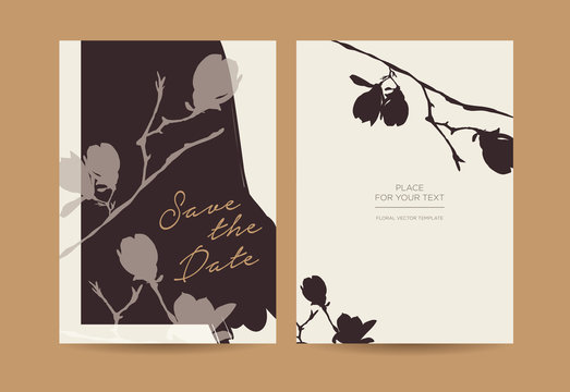 Modern wedding invitation in minimalist style. Silhouette of branches and flowers of magnolia on a dark background.  Сan be used for the shop, beauty salon, spa or restaurant. Vector template.