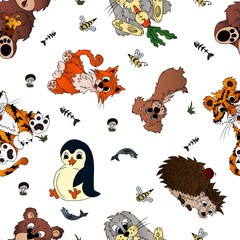 Animals, seamless pattern with cartoon animals: cat, dog, hare, hedgehog, bear, penguin, tiger, mushrooms, fish bones, grass, bees. The drawing in the style of hand drawn.  Children drawing 