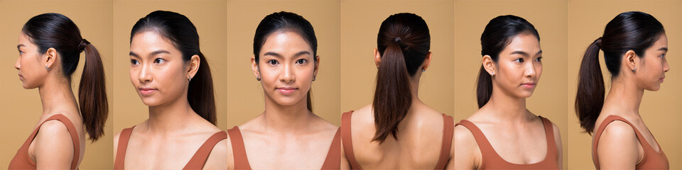 Asian Woman before applying make up hair style. no retouch, fresh face with acne, lips, eyes,...