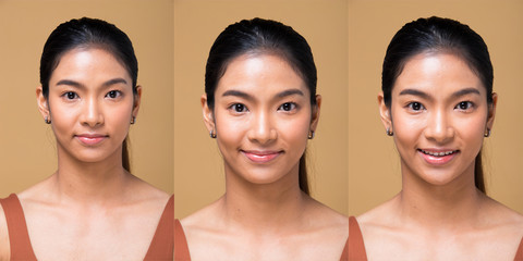 Asian Woman before applying make up hair style. no retouch, fresh face with acne, lips, eyes,...