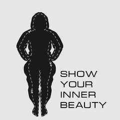The silhouette of a fat girl and the result she can achieve by doing fitness with the motivating slogan “Show your inner beauty”