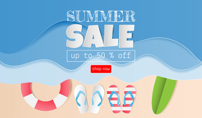 Top view of the beach with sandals, surfboard,Swim Tube, Paper art of summer sale concept for discount promotion. Vector illustration