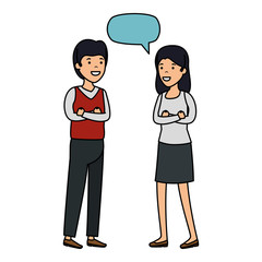 young couple with speech bubble characters