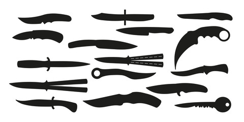 A set of all kinds of knives. Black silhouettes knives. Vector illustration.