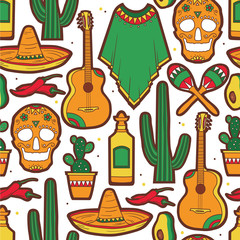 Seamless pattern with collection of mexican symbols, hand drawn background. Colorful overlapping backdrop with mexico and culture icons set. Mexican party. Decorative wallpaper, good for printing