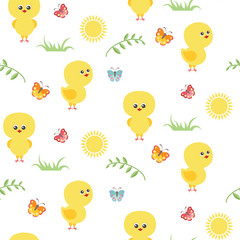 Fototapeta premium Seamless pattern with yellow cute chicks on white background. Sun, butterflies, twigs, grass. Vector illustration in baby style.