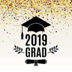 Graduate 2019 class of greeting card with scroll, hat, laurel on beige background with falling golden confetti for invitation, banner, poster, postcard. Vector illustration. All isolated and layered
