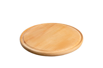 Empty round wooden plate isolated on white background. Wood plate for food or vegetable serving to customers