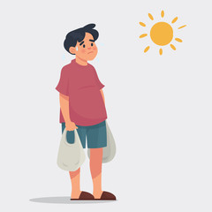 vector illustration man holding shopping plastic bag, boy unhappy shopping at in very hot days - Vector