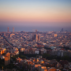 Barcelona city skyline and Sagrada familia sunset view Gaudi Architecture Landmark