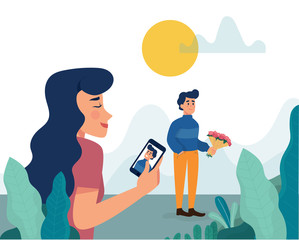 vector illustration girl is going to meet a man, from dating apps, couple from dating apps will meet for first time - Vector