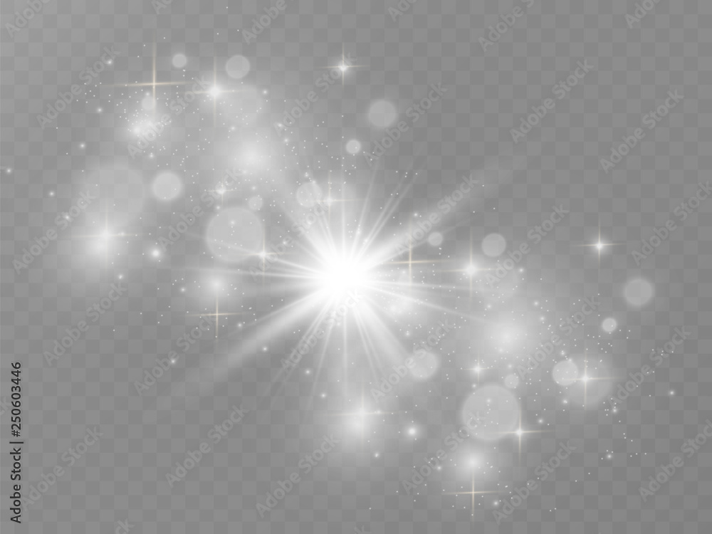 Poster Beautiful sparks shine with special light. Vector sparkles on a transparent background. Christmas abstract pattern. A beautiful illustration for the postcard. The background for the image. Luminaries.