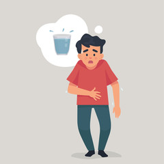 vector illustration boy feel thirsty and think about glass of water - Vector