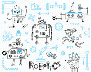 Fototapeta na wymiar Robotics for kids. Set of design elements. Robots and details for construction. Vector illustration