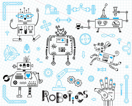 Robotics for kids. Set of design elements. Robots and details for construction. Vector illustration