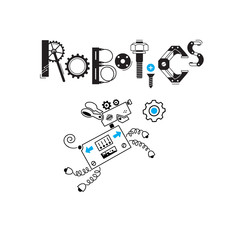 Dog cute robot and the inscription Robotics of the details and gears. Vector illustration