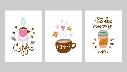 Coffee vector cards and templates. Cafe design illustrations with coffee cups and take away drinks