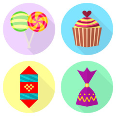 Flat icons of cupcake, lollipop and chocolate candy. Vector illustrations of sweets.