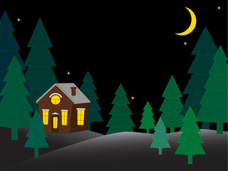House in the snowy night forest greeting card