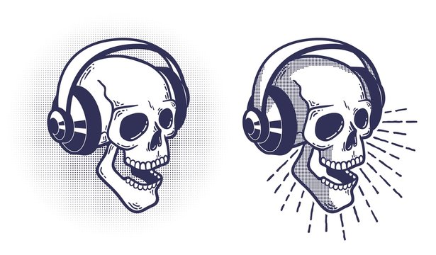 Skull in headphones. Retro stamp style.