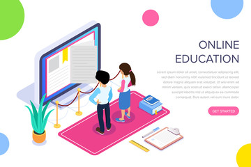 Isometric online learning or video tutorial concept. Remote method of obtaining a new profession. The guy and the girl look at the computer monitor. Can use for web banner, infographics, hero images.