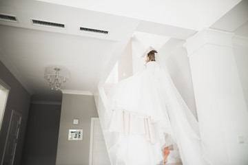 Gorgeous bride in robe posing and preparing for the wedding ceremony face in a room