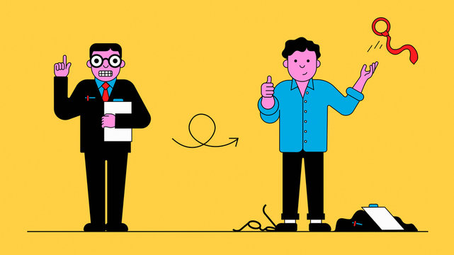 Stressed businessman changing into casual happier man