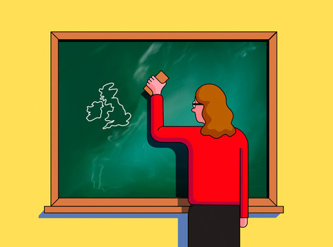 Teacher erasing European Union and leaving map of British Isles