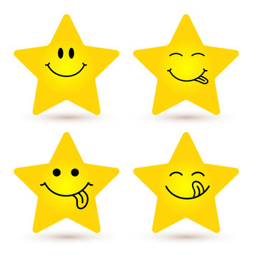 Set of smiley. Yellow star, happy face. Vector illustration. Isolated on white background.