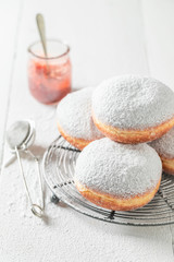 Fototapeta na wymiar Tasty and homemade donuts with powdered sugar