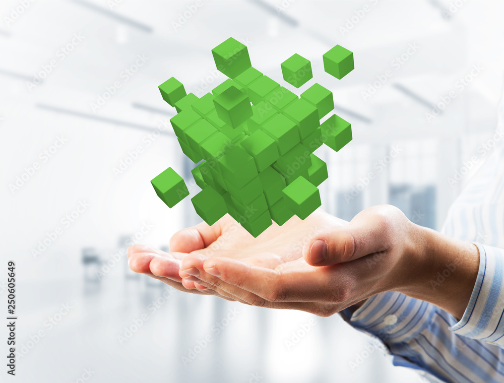 Poster concept of technology integration and innovation presented by cube figure. mixed media