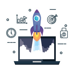 laptop with rocket and business set icons