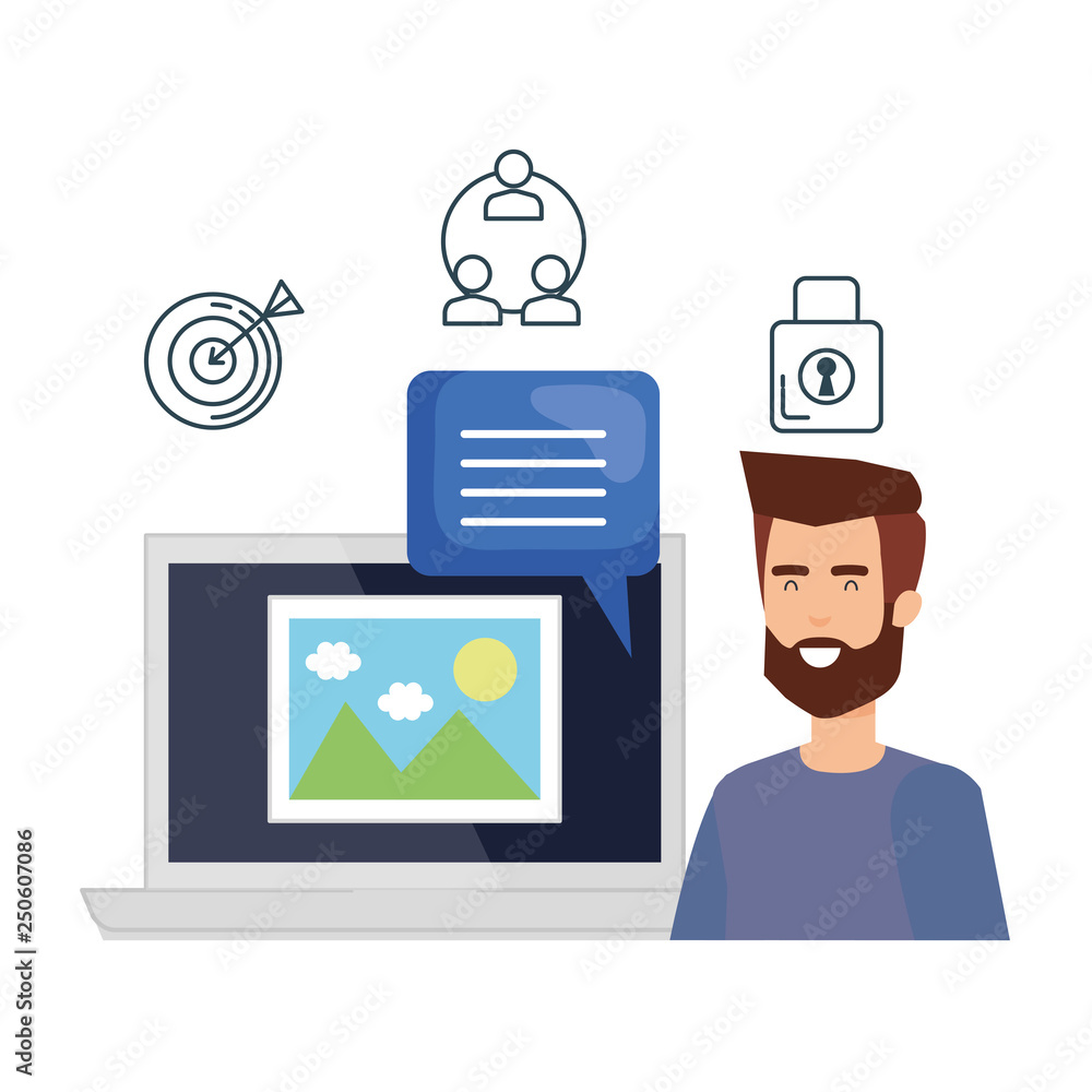 Poster man with laptop and picture file