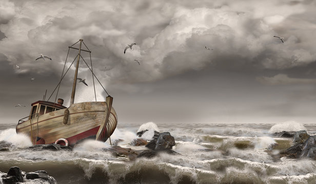 Gestrandeter Fischkutter, Schiffswrack, Unwetter auf See