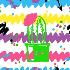 Seamless Striped colorful pattern with cactus in pots with watercolor spots. Vector illustration.