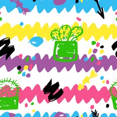 Seamless Striped pattern with cactus in pots. Vector illustration.
