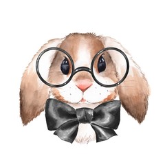 Little bunny with glasses. Cute watercolor illustration