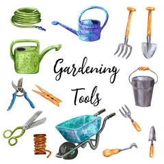 Gardening tools clip art set,  hand drawn watercolor illustration isolated on white © Victoria Ki
