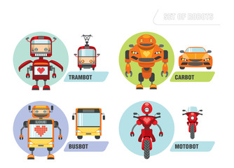 Set of cute robots transforming into transport. Cartoon icons set. New technology. Vector illustrations in flat style.