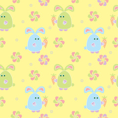 Seamless pattern with image of cute bunnies with carrot in hands and flowers on yellow background. Light pastel colors, childrens style. Vector illustration.