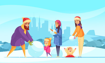 Family Winter Active Holidays Illustration 