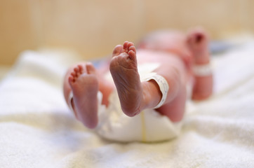 A newborn baby's feet in the neonatal unit in hospital