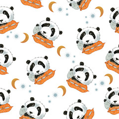Seamless pattern with funny cartoon panda, which sleep comfortably on an orange pillow. Watercolor painting on a white background . Hand drawn illustration. Wallpaper, fabric design.