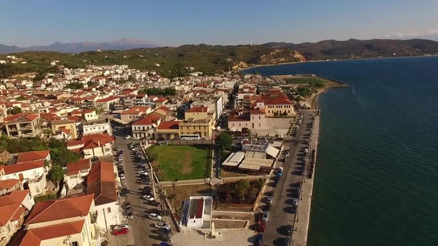 Aerial drone video of picturesque village of Gytheio, Lakonia, Peloponnese, Greece