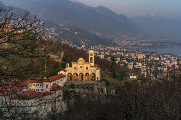 Panoramic view of Madonna del Sasso Church above Locarno city and the Maggiore lake in Ticino, Switzerland