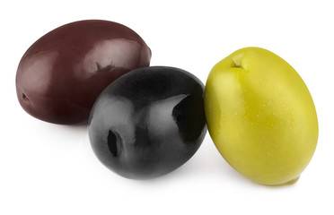 Red, black and green olives, isolated on white background